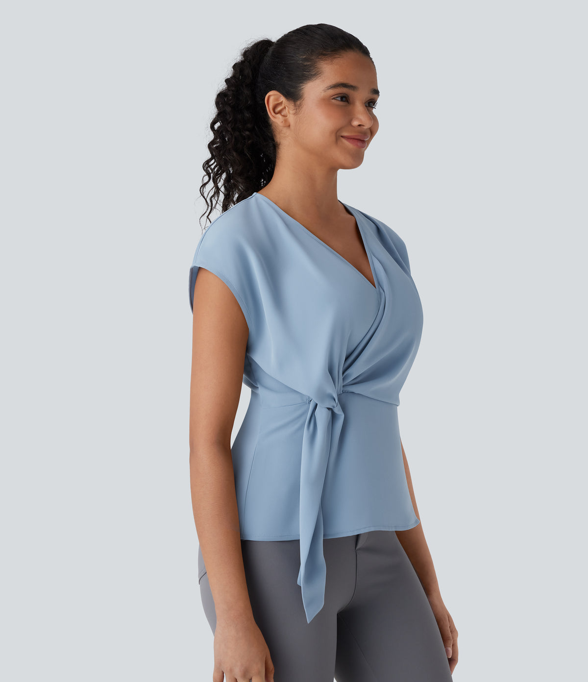 V Neck Short Sleeve Wrapped Ruched Work Blouse — Skyride — view 3