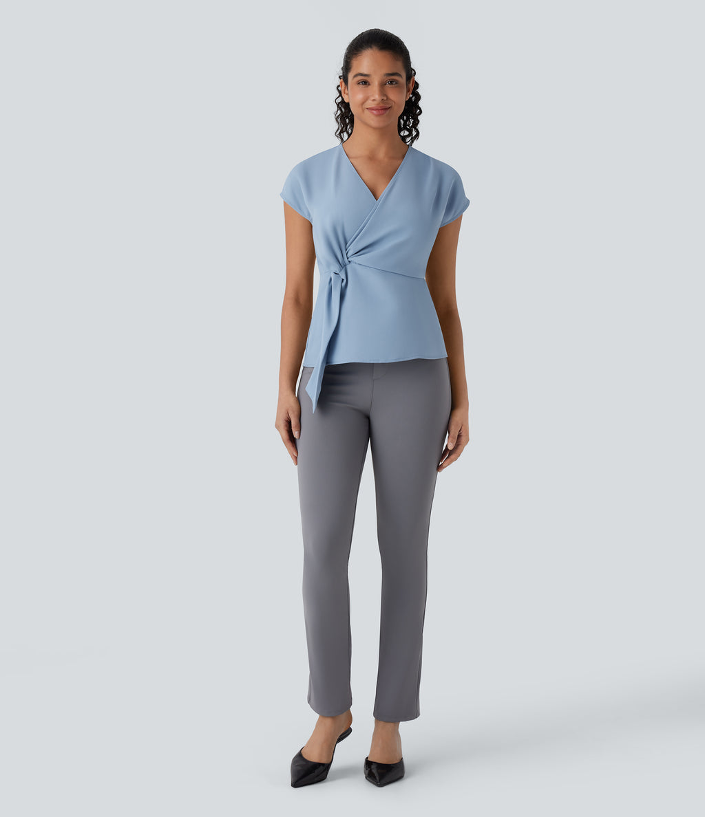 V Neck Short Sleeve Wrapped Ruched Work Blouse — Skyride — view 6