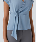 V Neck Short Sleeve Wrapped Ruched Work Blouse — Skyride — view 5
