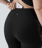 High Waisted Crossover Contrast Lace Pocket Yoga 7/8 Plus Size Leggings — Black — view 4