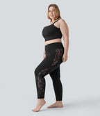 High Waisted Crossover Contrast Lace Pocket Yoga 7/8 Plus Size Leggings — Black — view 7