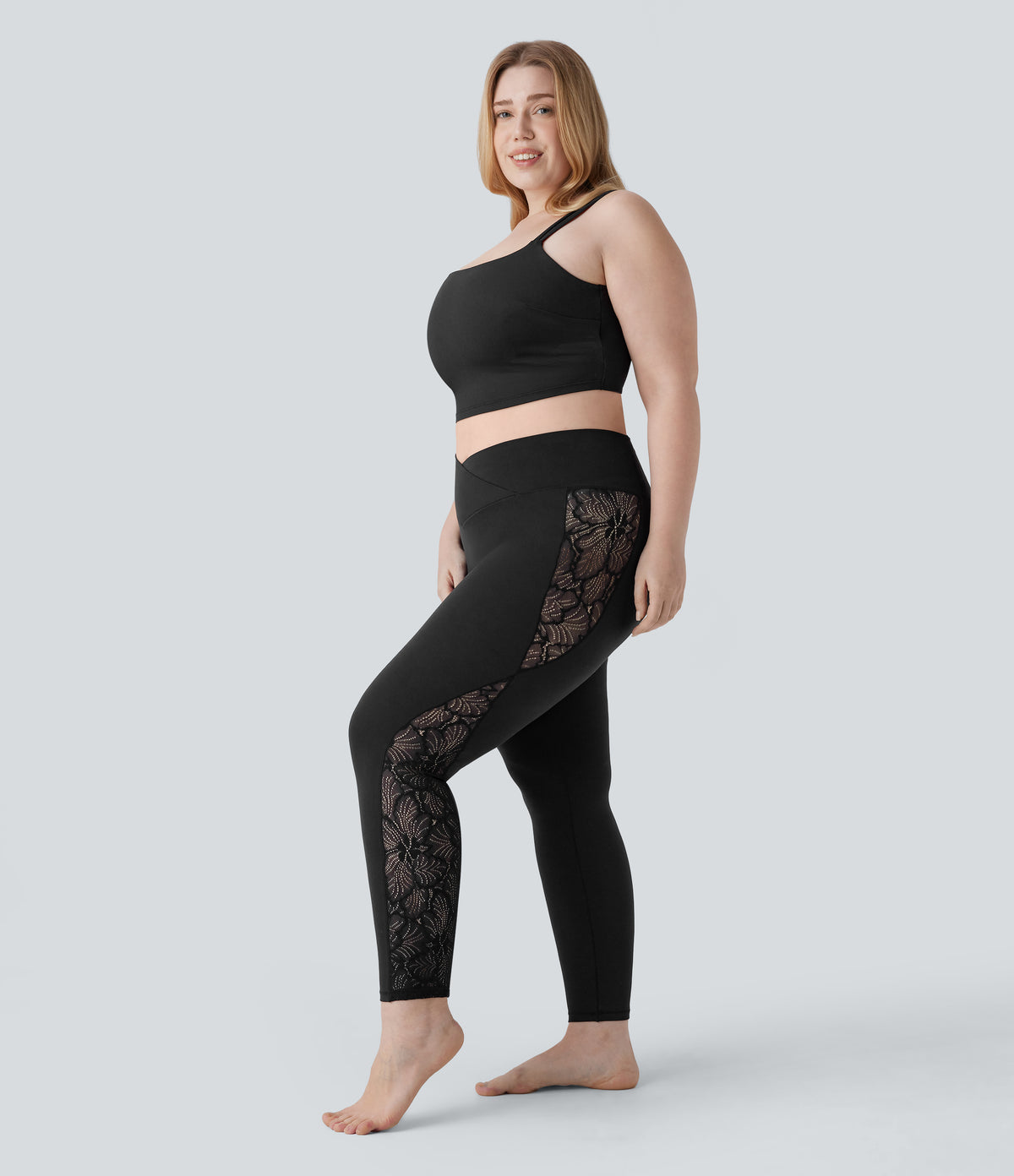 High Waisted Crossover Contrast Lace Pocket Yoga 7/8 Plus Size Leggings — Black — view 7