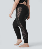 High Waisted Crossover Contrast Lace Pocket Yoga 7/8 Plus Size Leggings — Black — view 2