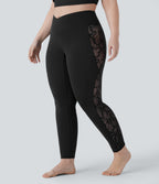 High Waisted Crossover Contrast Lace Pocket Yoga 7/8 Plus Size Leggings — Black — view 3