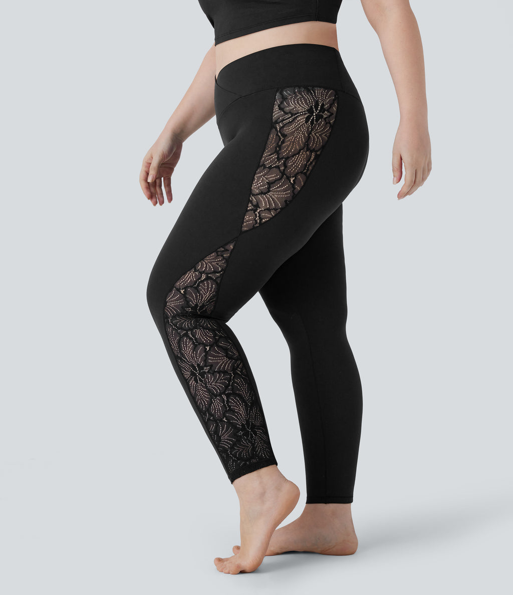High Waisted Crossover Contrast Lace Pocket Yoga 7/8 Plus Size Leggings — Black — view 1