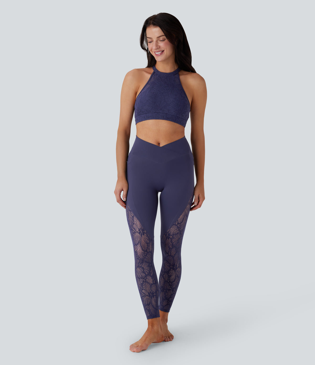 High Waisted Crossover Pocket Contrast Lace 7/8 Yoga Leggings — Peacoat — view 7