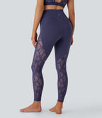 High Waisted Crossover Pocket Contrast Lace 7/8 Yoga Leggings — Peacoat — view 2