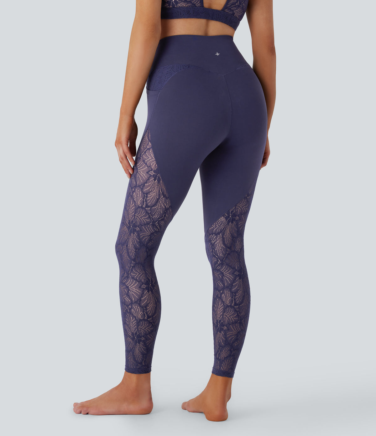 High Waisted Crossover Pocket Contrast Lace 7/8 Yoga Leggings — Peacoat — view 2
