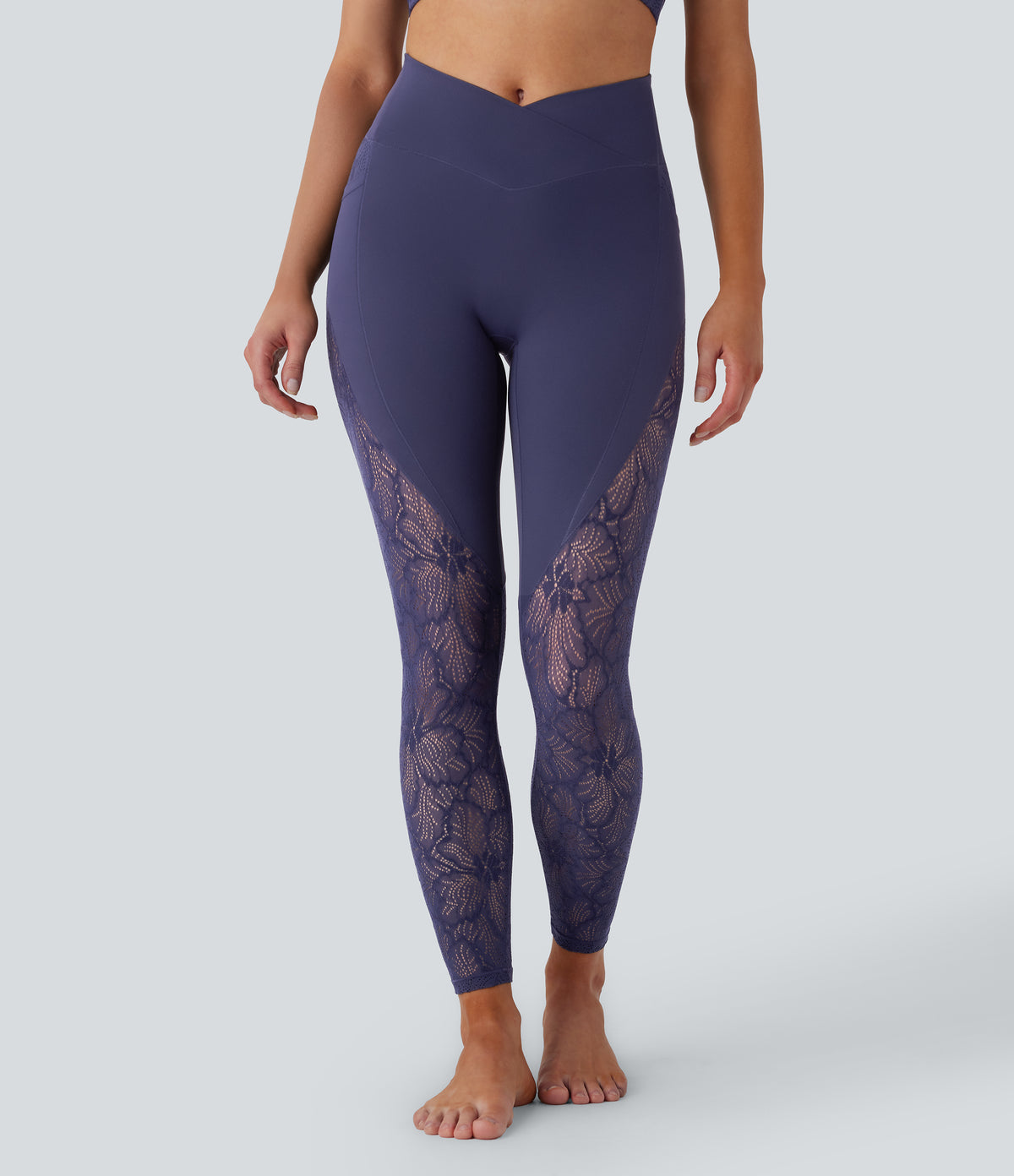 High Waisted Crossover Pocket Contrast Lace 7/8 Yoga Leggings — Peacoat — view 3