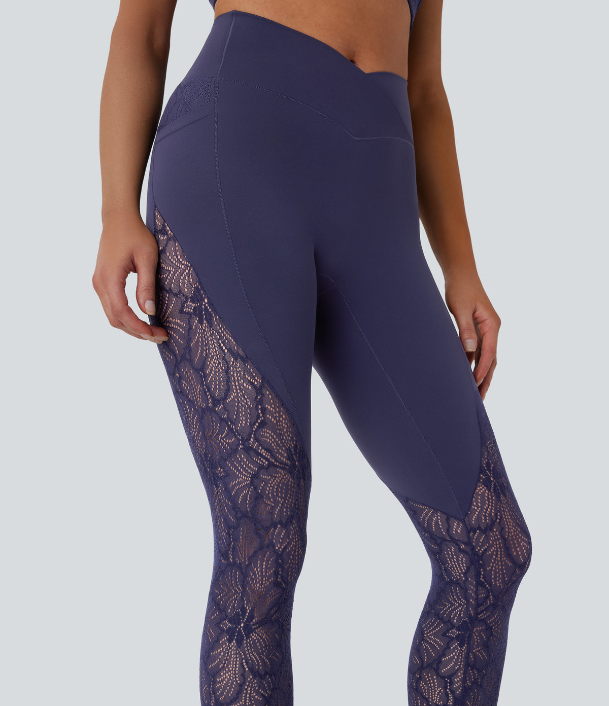 High Waisted Crossover Pocket Contrast Lace 7/8 Yoga Leggings — Peacoat — view 6
