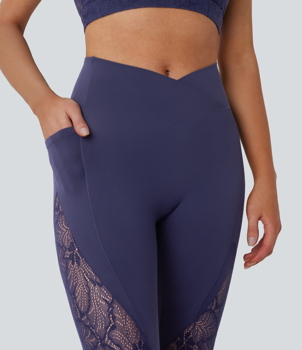 High Waisted Crossover Pocket Contrast Lace 7/8 Yoga Leggings — Peacoat — view 4