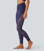 High Waisted Crossover Pocket Contrast Lace 7/8 Yoga Leggings — Peacoat — view 1