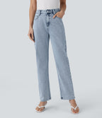 High Waisted Zipper Pockets Straight Leg Casual Jeans — Creek Blue Denim — view 1