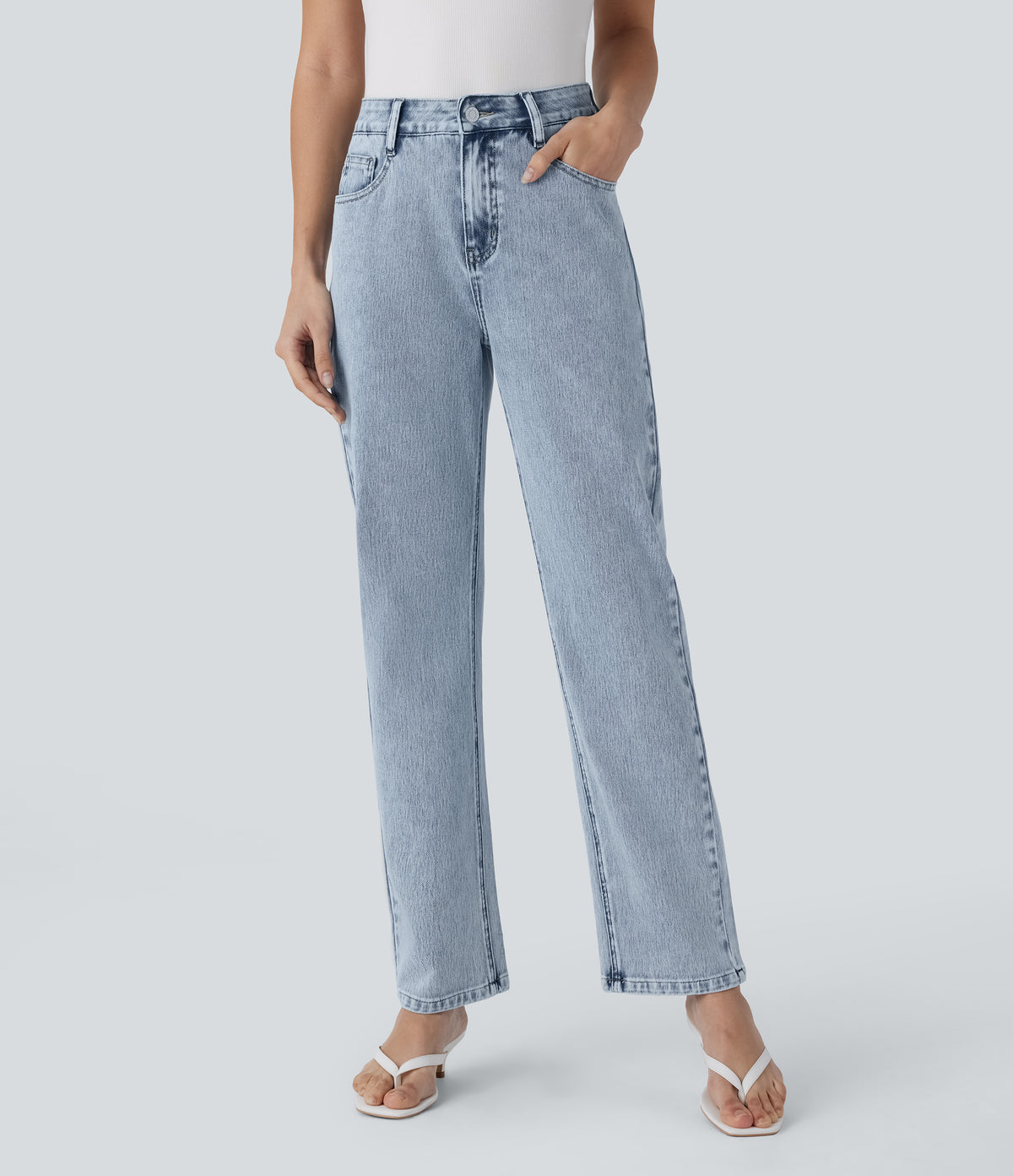 High Waisted Zipper Pockets Straight Leg Casual Jeans — Creek Blue Denim — view 1