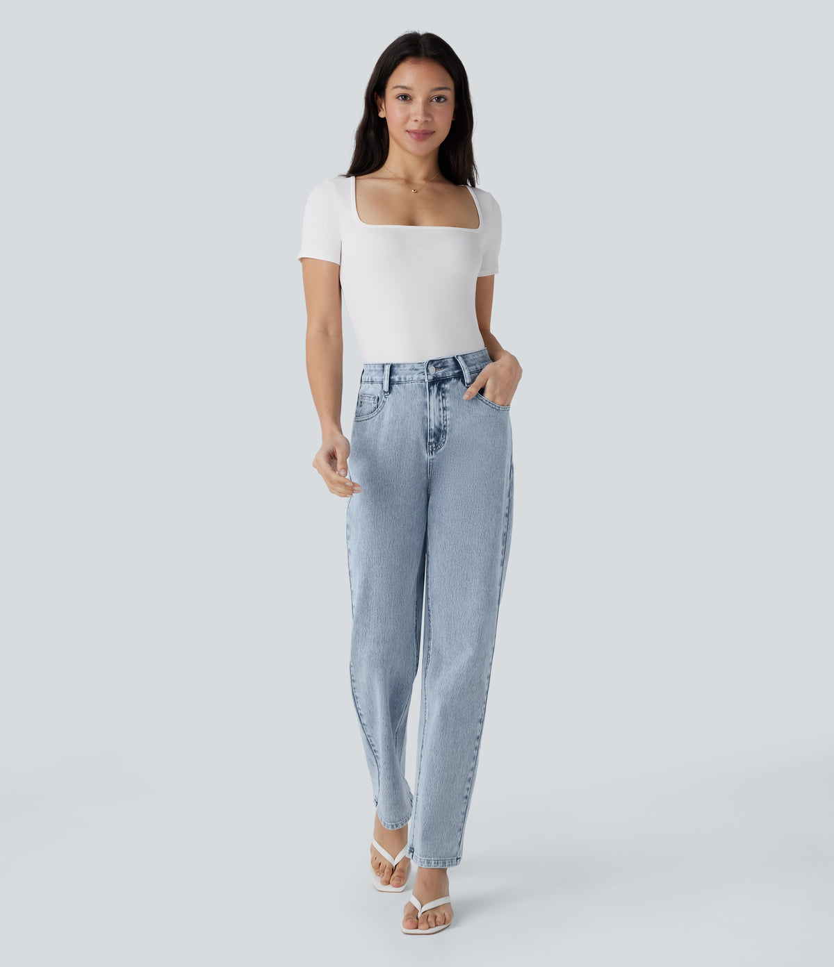 High Waisted Zipper Pockets Straight Leg Casual Jeans — Creek Blue Denim — view 6