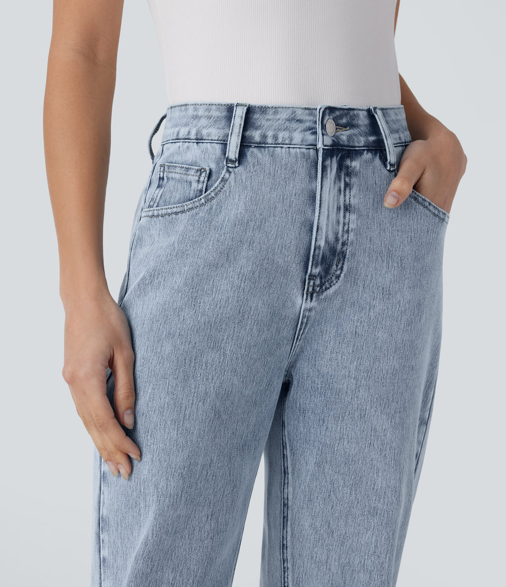 High Waisted Zipper Pockets Straight Leg Casual Jeans — Creek Blue Denim — view 5