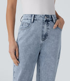 High Waisted Zipper Pockets Straight Leg Casual Jeans — Creek Blue Denim — view 5