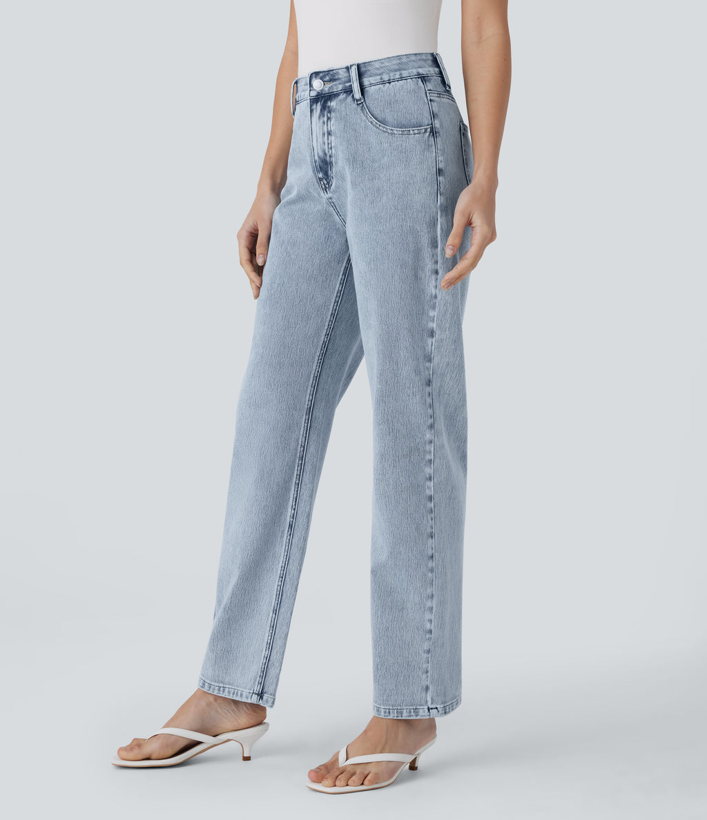 High Waisted Zipper Pockets Straight Leg Casual Jeans — Creek Blue Denim — view 3
