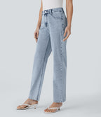 High Waisted Zipper Pockets Straight Leg Casual Jeans — Creek Blue Denim — view 3