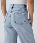 High Waisted Zipper Pockets Straight Leg Casual Jeans — Creek Blue Denim — view 4