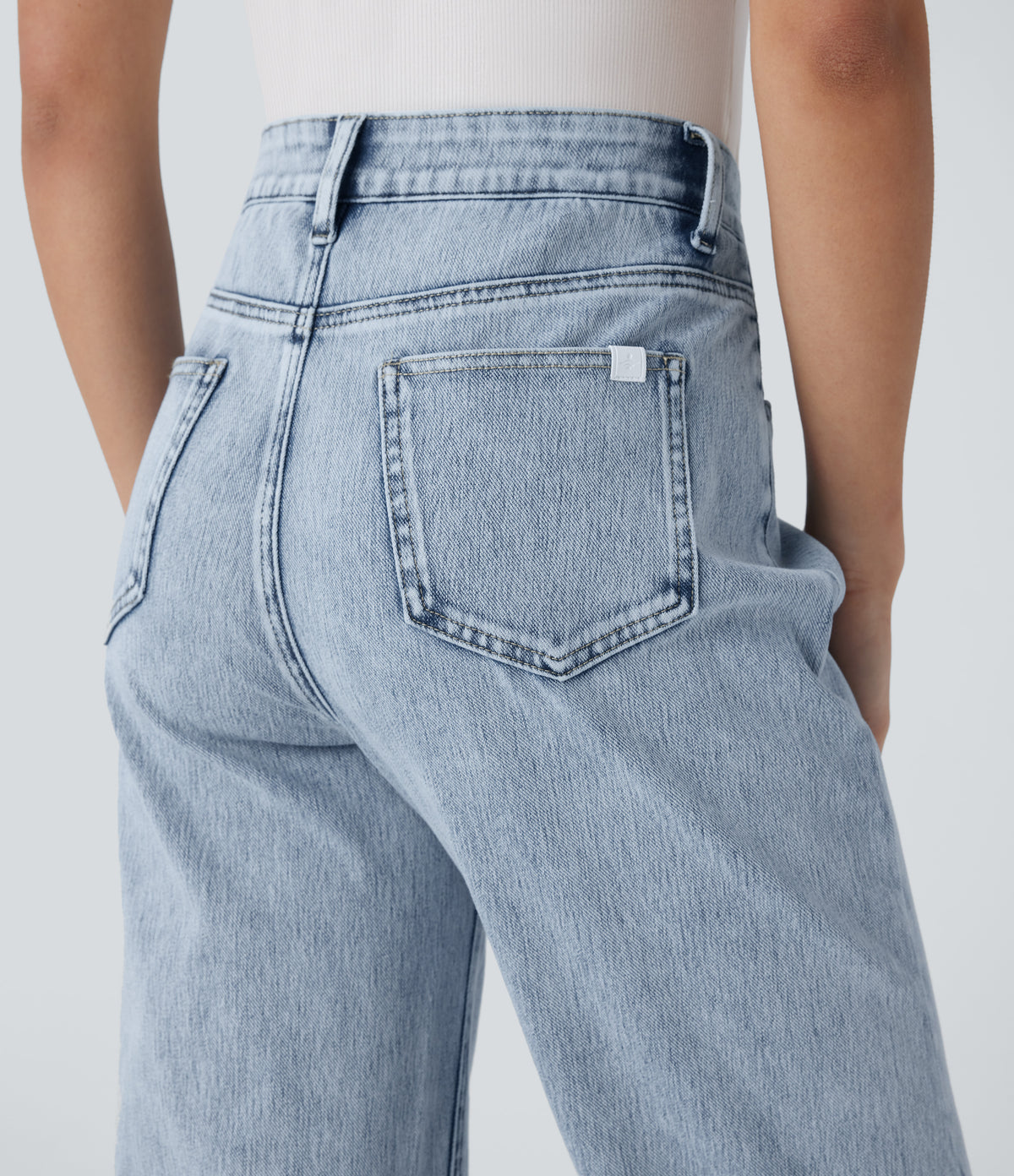 High Waisted Zipper Pockets Straight Leg Casual Jeans — Creek Blue Denim — view 4