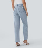 High Waisted Zipper Pockets Straight Leg Casual Jeans — Creek Blue Denim — view 2