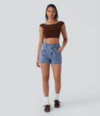 Mid Rise Zipper Pocket Denim Casual Shorts 3'' — Blue Jasper Denim — view 6