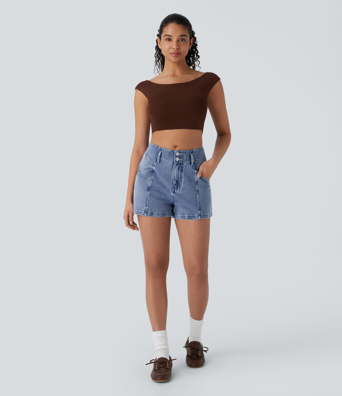 Mid Rise Zipper Pocket Denim Casual Shorts 3'' — Blue Jasper Denim — view 6