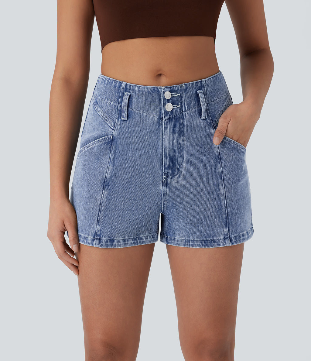 Mid Rise Zipper Pocket Denim Casual Shorts 3'' — Blue Jasper Denim — view 1