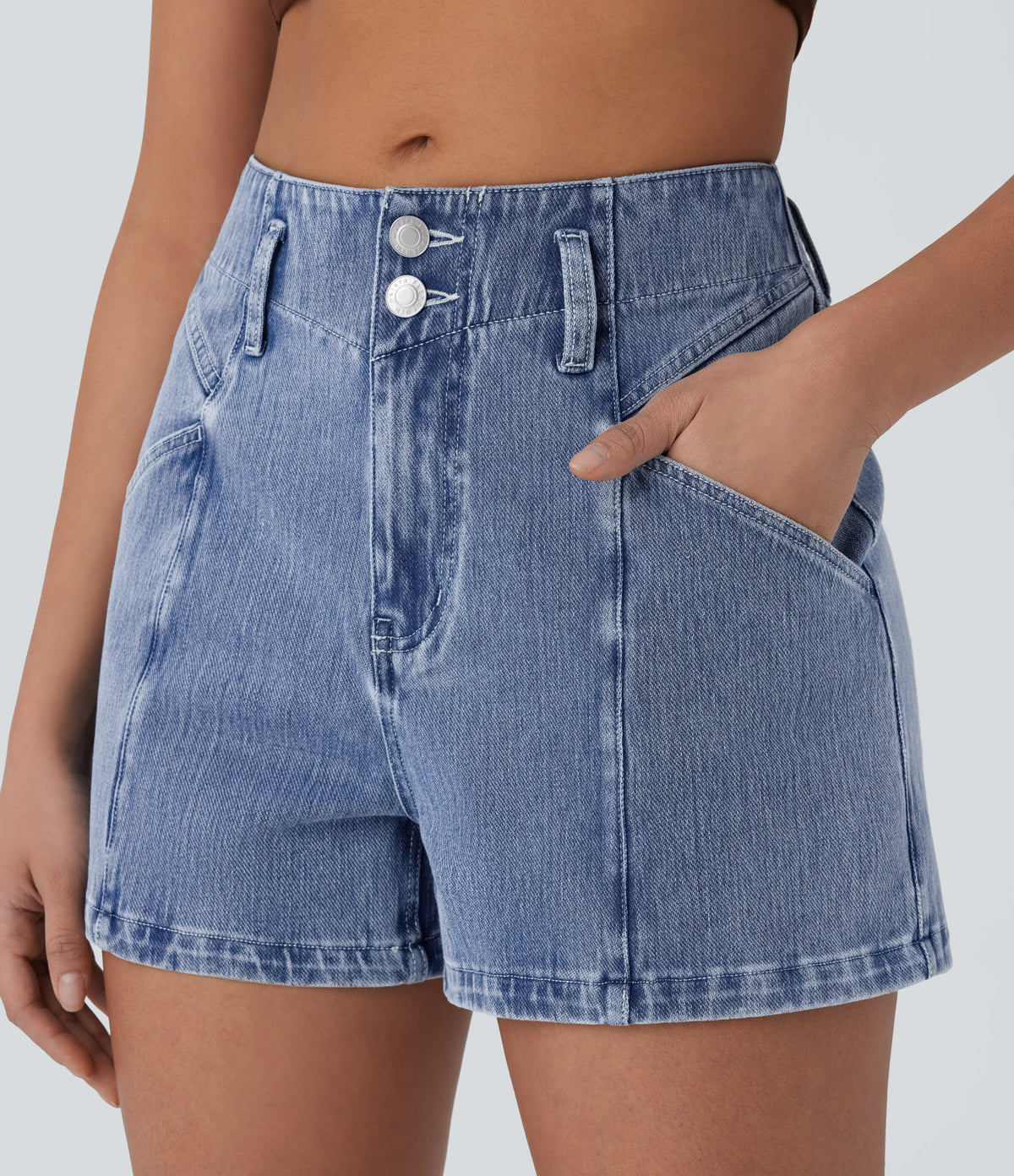 Mid Rise Zipper Pocket Denim Casual Shorts 3'' — Blue Jasper Denim — view 5