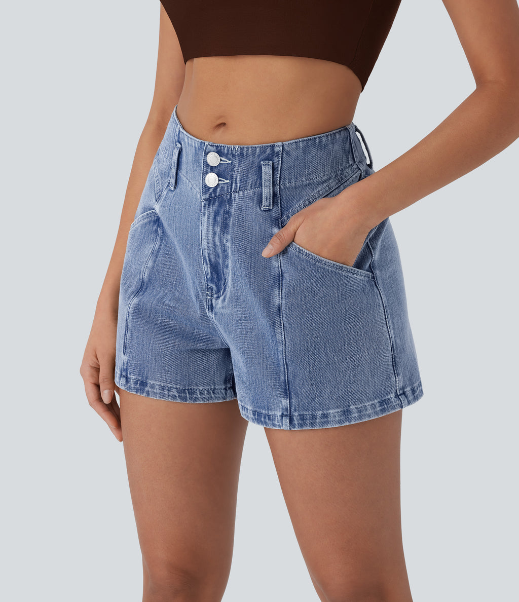 Mid Rise Zipper Pocket Denim Casual Shorts 3'' — Blue Jasper Denim — view 3