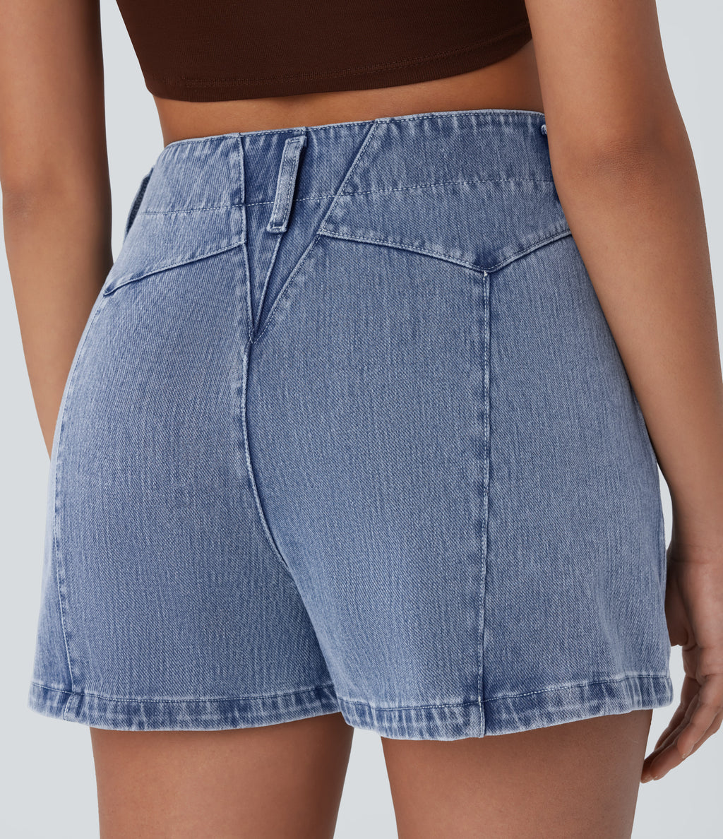 Mid Rise Zipper Pocket Denim Casual Shorts 3'' — Blue Jasper Denim — view 4
