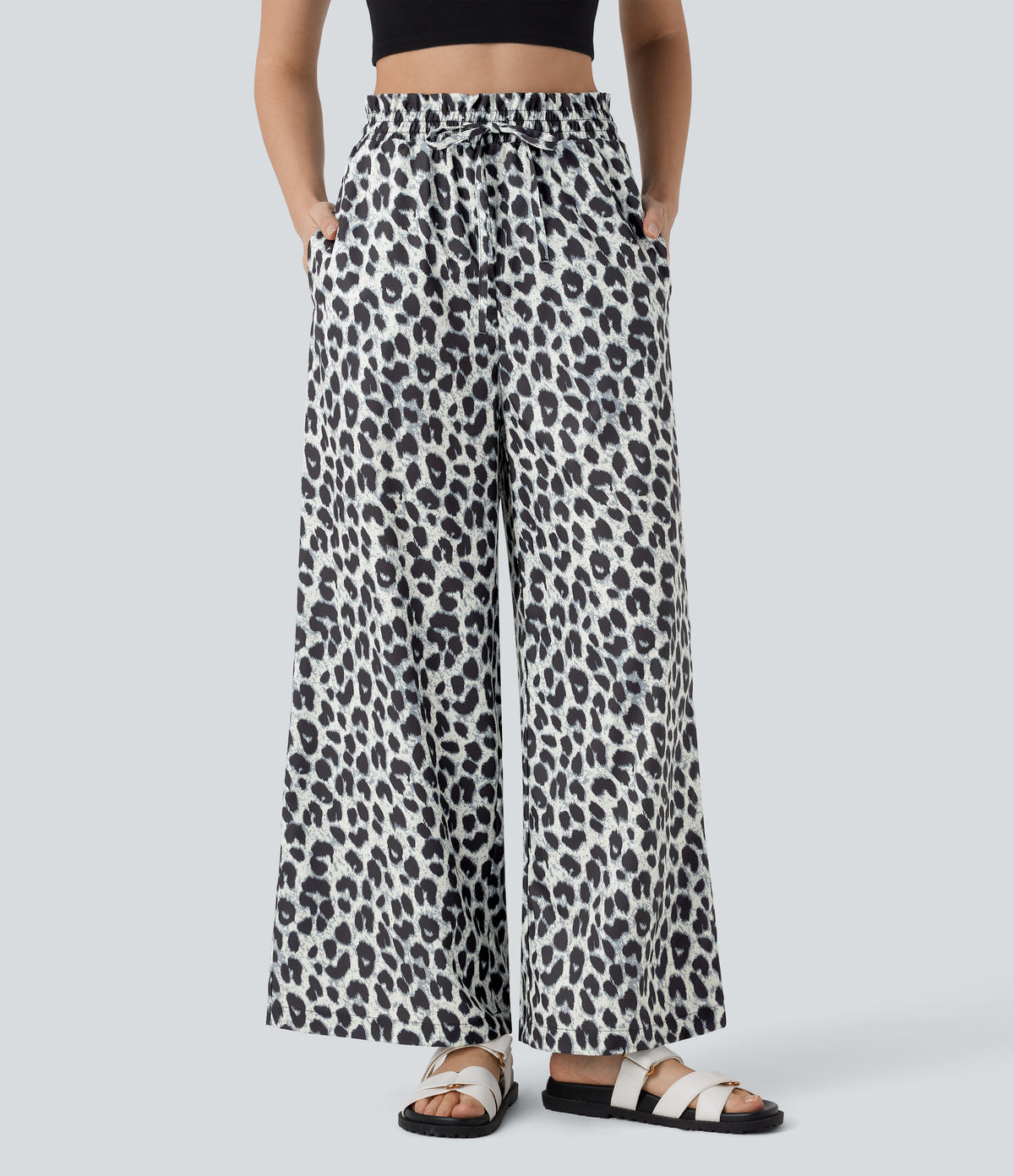 High Waisted Drawstring Pocket Leopard Print Wide Leg Casual Trousers — Silver Leopard Print — view 1