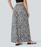High Waisted Drawstring Pocket Leopard Print Wide Leg Casual Trousers — Silver Leopard Print — view 2