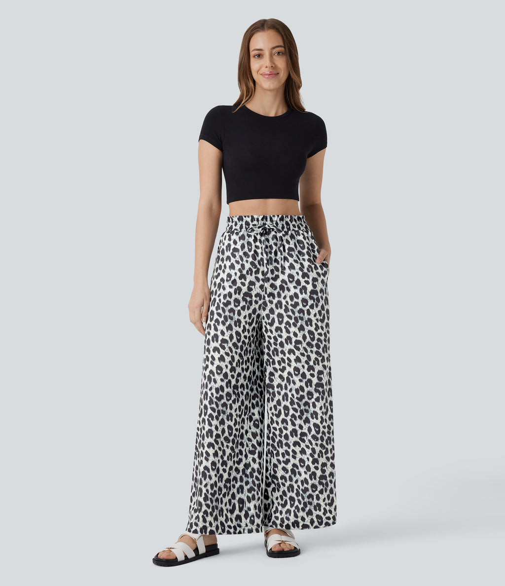 High Waisted Drawstring Pocket Leopard Print Wide Leg Casual Trousers — Silver Leopard Print — view 5