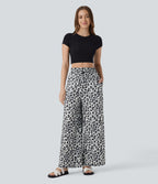 High Waisted Drawstring Pocket Leopard Print Wide Leg Casual Trousers — Silver Leopard Print — view 5