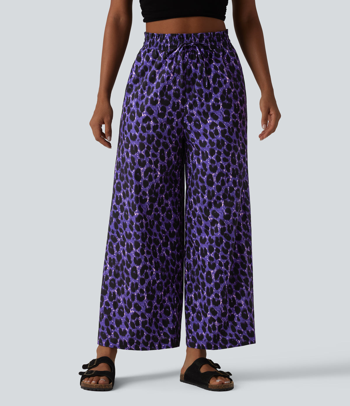 High Waisted Drawstring Pocket Leopard Print Wide Leg Casual Trousers — Vibrant Violet Leopard — view 6