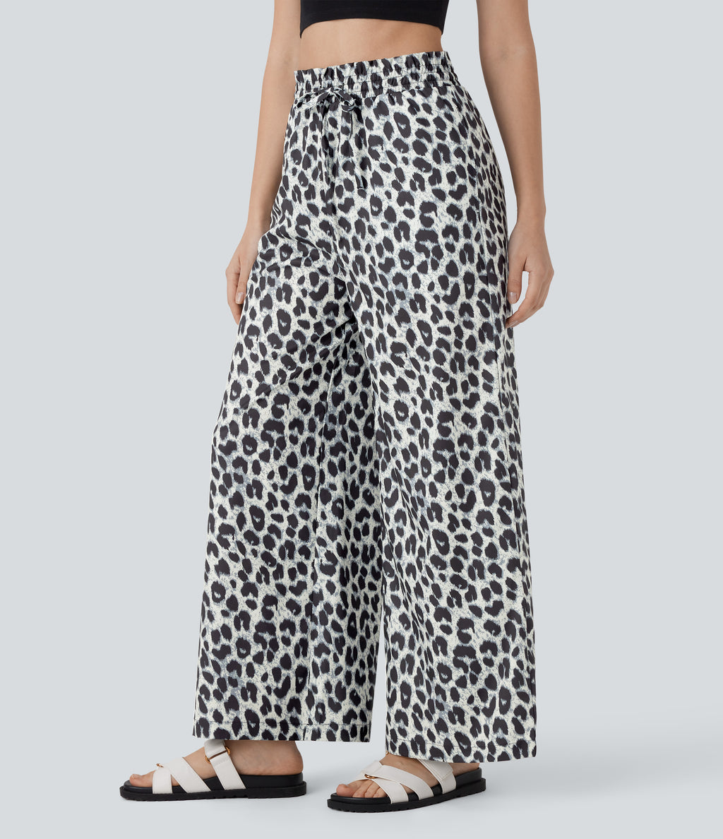 High Waisted Drawstring Pocket Leopard Print Wide Leg Casual Trousers — Silver Leopard Print — view 3