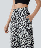 High Waisted Drawstring Pocket Leopard Print Wide Leg Casual Trousers — Silver Leopard Print — view 4