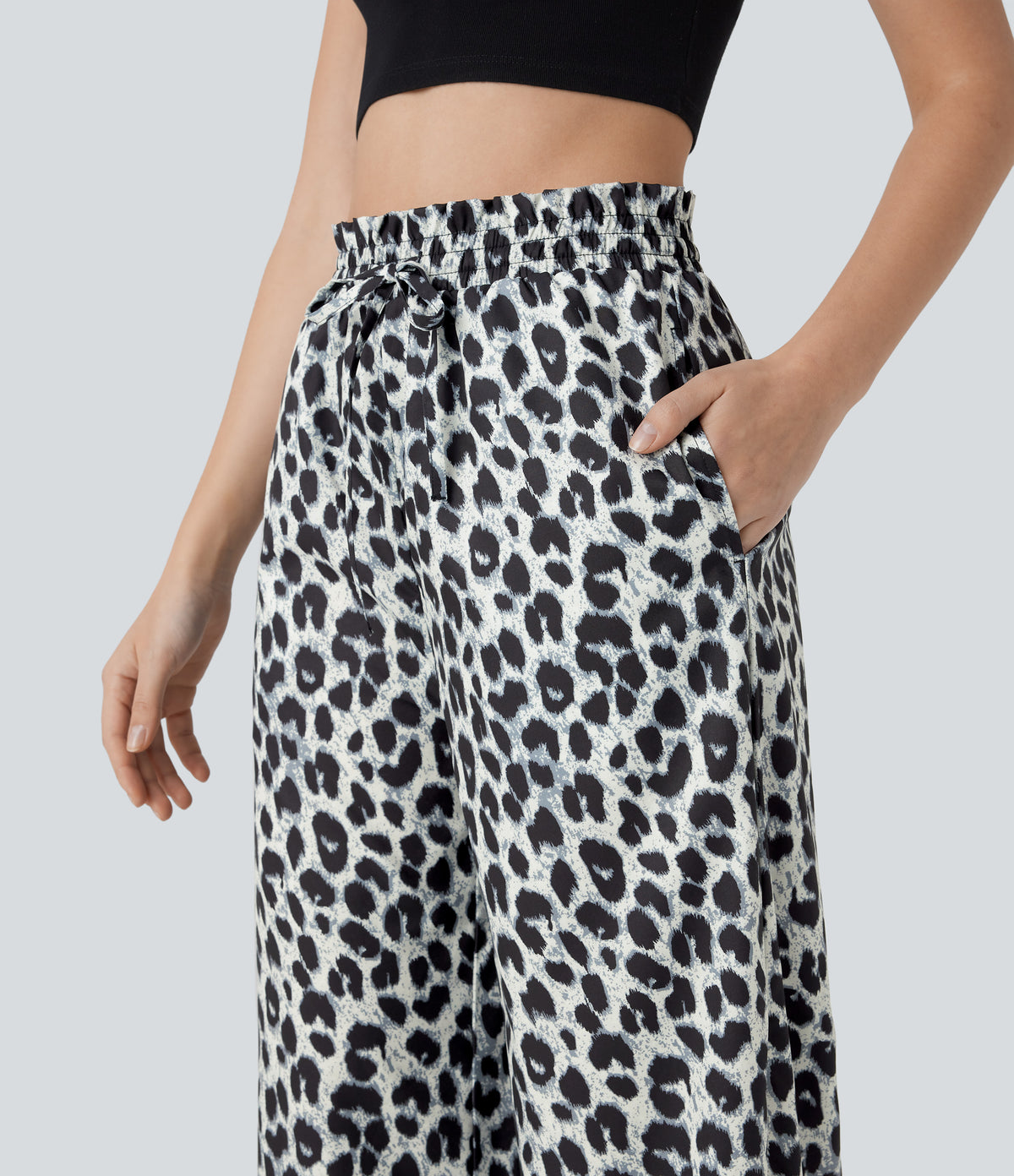 High Waisted Drawstring Pocket Leopard Print Wide Leg Casual Trousers — Silver Leopard Print — view 4