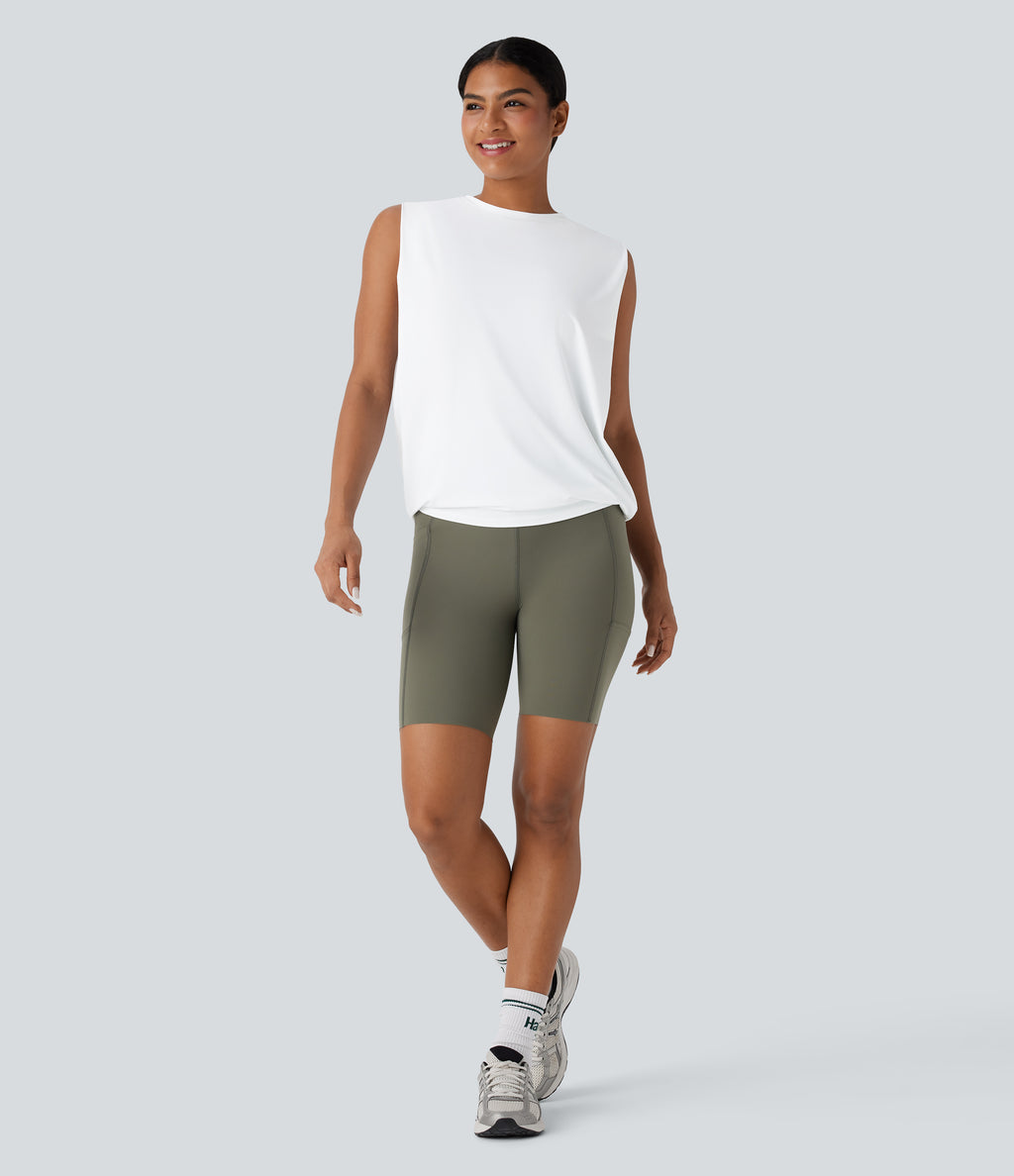 Round Neck Ruched InstantCool Yoga Tank Top-UPF50+ — White — view 8