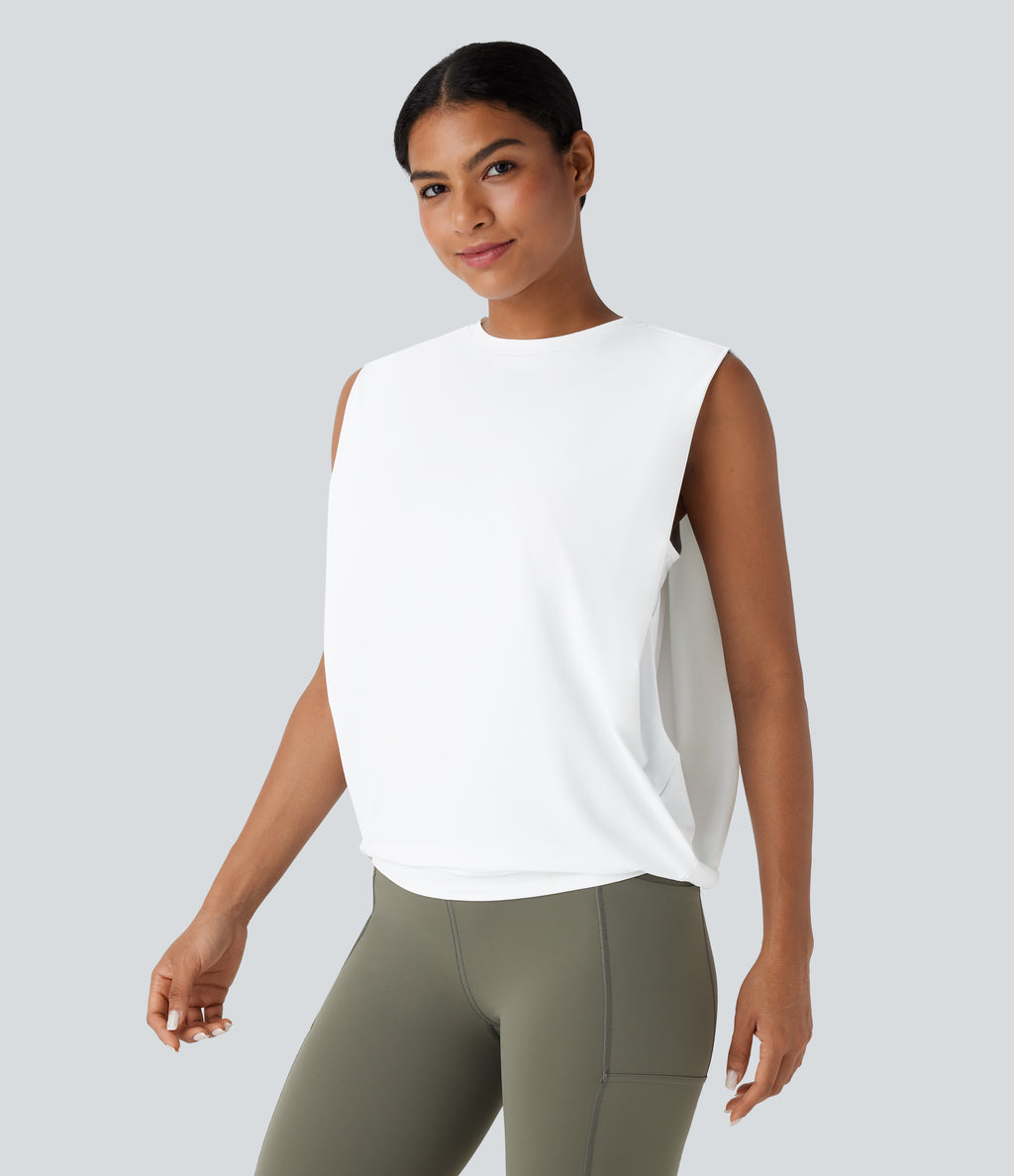 Round Neck Ruched InstantCool Yoga Tank Top-UPF50+ — White — view 7