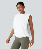 Round Neck Ruched InstantCool Yoga Tank Top-UPF50+ — White — view 7