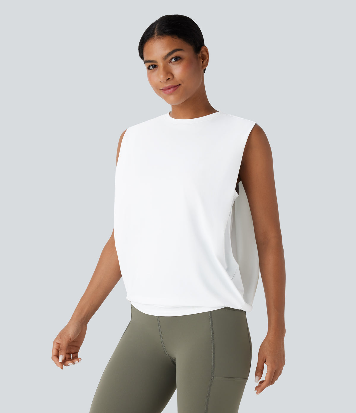 Round Neck Ruched InstantCool Yoga Tank Top-UPF50+ — White — view 7