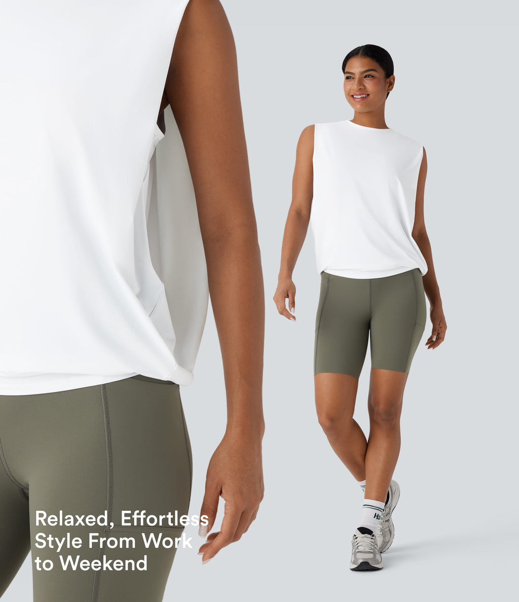Round Neck Ruched InstantCool Yoga Tank Top-UPF50+ — White — view 6