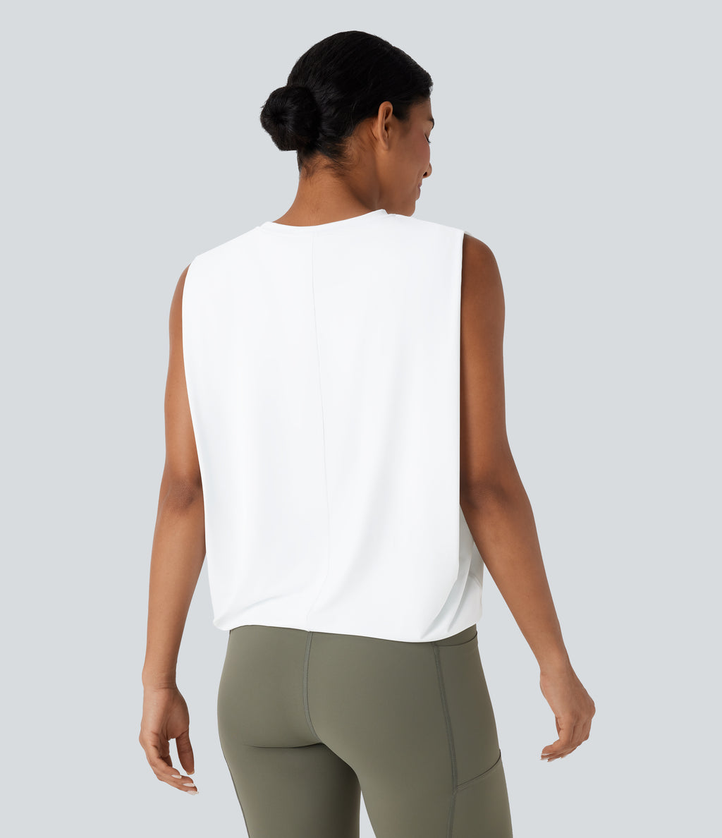 Round Neck Ruched InstantCool Yoga Tank Top-UPF50+ — White — view 2
