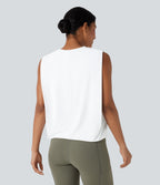 Round Neck Ruched InstantCool Yoga Tank Top-UPF50+ — White — view 2
