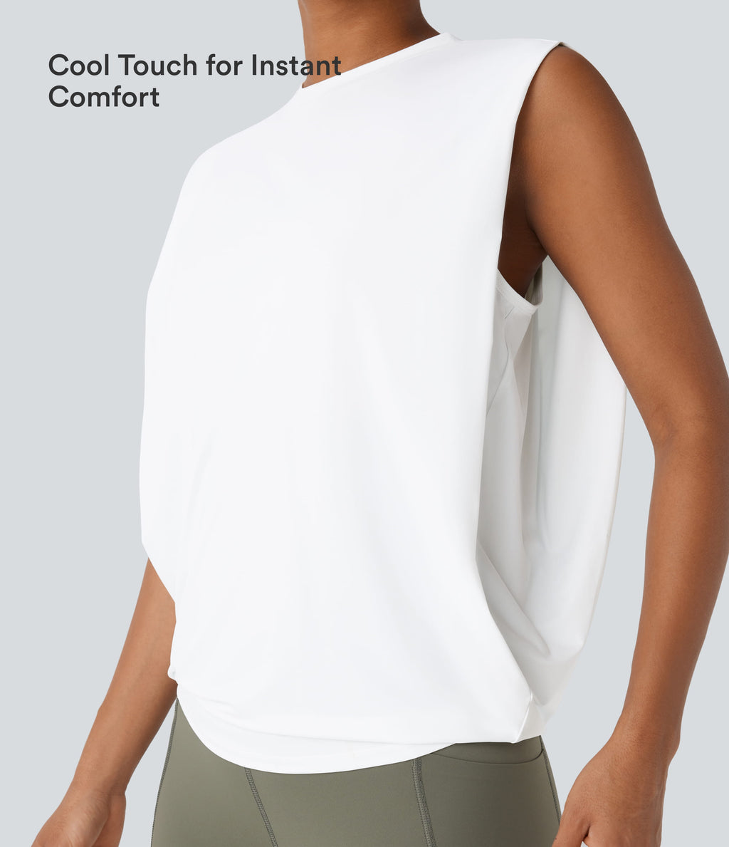 Round Neck Ruched InstantCool Yoga Tank Top-UPF50+ — White — view 5