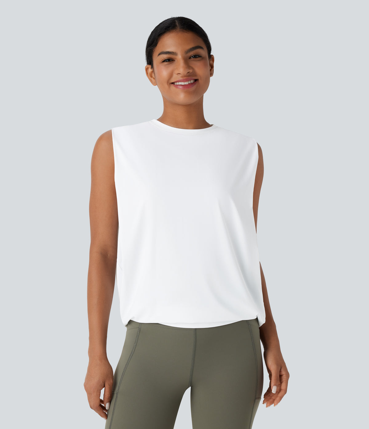 Round Neck Ruched InstantCool Yoga Tank Top-UPF50+ — White — view 1