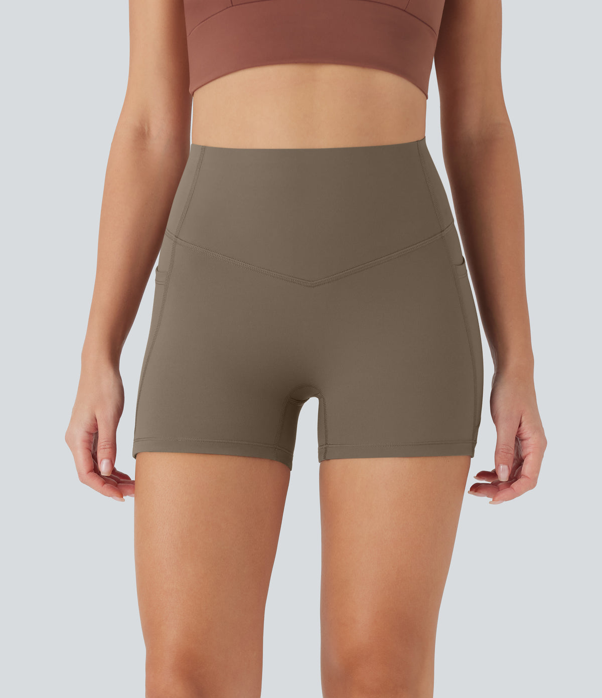 High Waisted Tummy Control Pocket Shaping Training Biker Shorts 3'' — Dawn Brown — view 4
